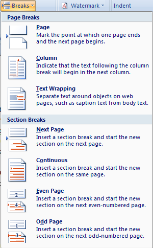 Page Breaks and Section Breaks menu Microsoft Office 2007