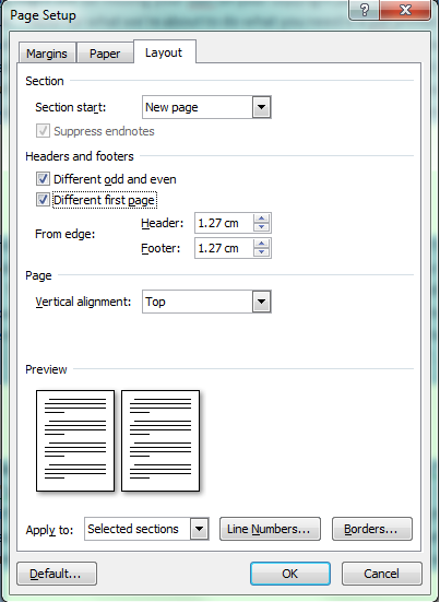 Page Setup window - Layout tab - Microsoft Office 2007