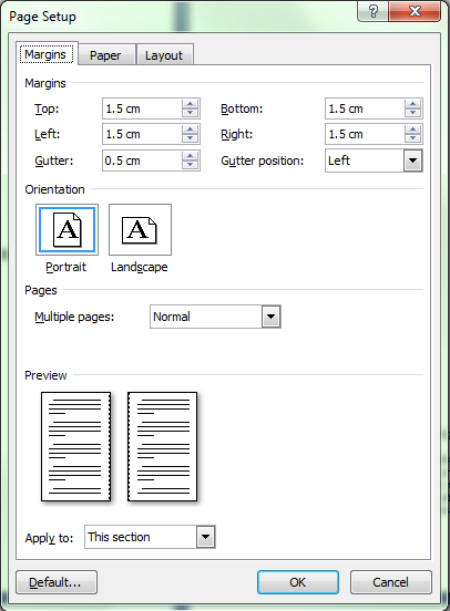 Page Setup window - Margins tab - Microsoft Office 2007