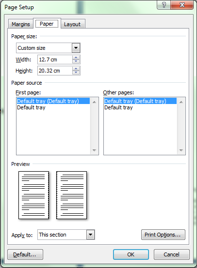 Page Setup window - Paper tab - Microsoft Office 2007